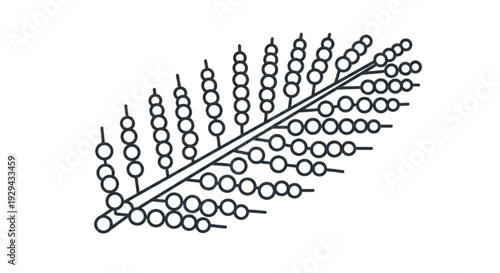 Minimalist geometric illustration of a fern leaf, constructed from a linear arrangement of circles and dots. Modern, clean line art style with a botanical theme, isolated on a white background.
