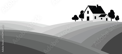 Serene countryside landscape with house on rolling hills