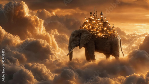 Majestic elephant carrying a glowing golden palace above sunset clouds