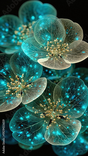 Macro shot of glowing turquoise translucent flowers on black background