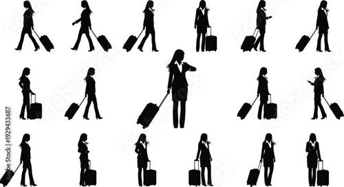 Businesswoman Travel Silhouettes Collection Illustration Featuring Female Travelers Walking with Suitcases Representing Airport Journey, Business Trip and Tourism Lifestyle Concept