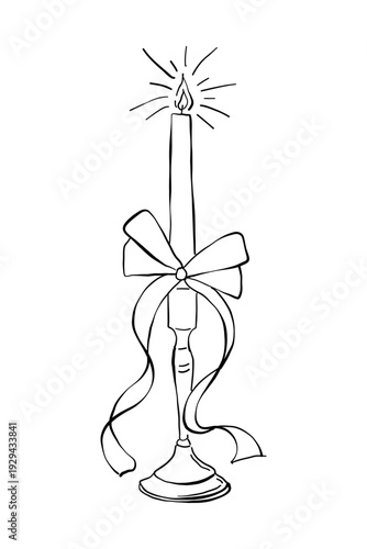 Hand drawn ink candle in vintage candlestick with bow vector illustration. Graphic element for wedding invitation, menu and birthday party