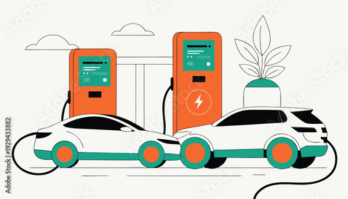 Two electric cars are parked at a charging station illustrating sustainable transportation