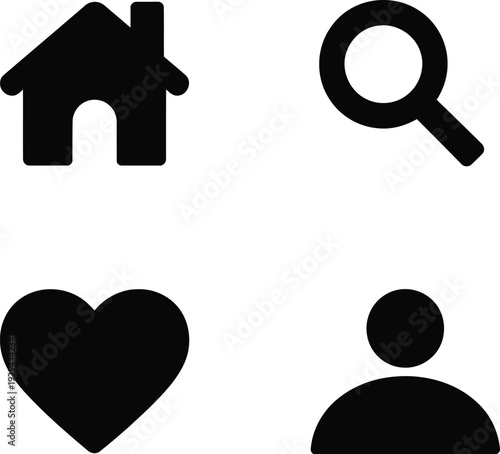 Essential website navigation icons including home search heart and user profile sign