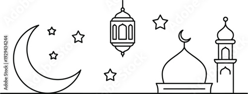 Ramadan icons crescent moon mosque stars lantern isolated outline simple elements