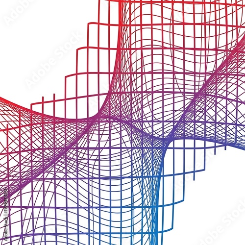 A 3d wireframe mesh with a gradient of red, purple, and blue colors on a white background.
