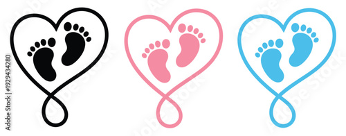 Baby feet icon pack, silhouette newborn footprints, minimal infant foot symbols, vector illustrations for baby shower invitations, childcare logos, nursery prints, and maternity design.