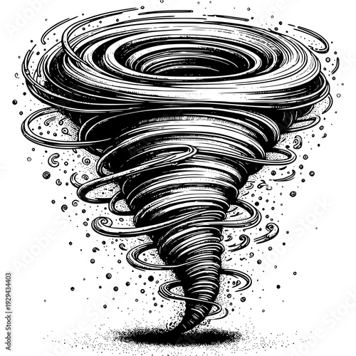 Whirlwind of Nature: A powerful monochrome illustration of a mesmerizing tornado swirling with raw energy and the untamed forces of nature.