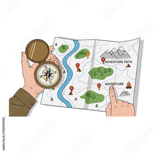 Scout character examining a detailed map with compass and adventure path markings on a graphic illustration