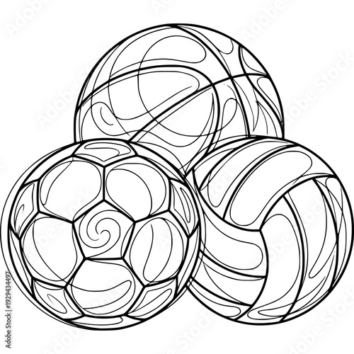 Geometric Harmony of Sports Spheres: Three classic sports balls, basketball, football, and volleyball, are rendered in a harmonious geometric pattern.