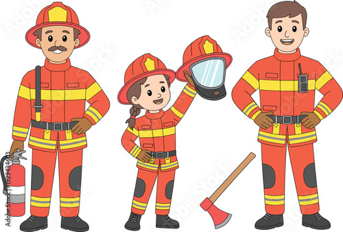 Cartoon firefighters illustration, emergency service team, fire safety professionals, protective uniform artwork, rescue workers design, firefighting gear, teamwork concept drawing
