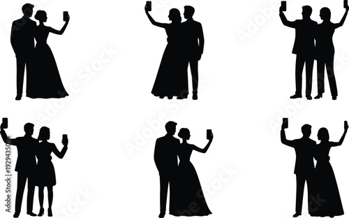 Couples taking selfies silhouettes illustration set, modern lifestyle vector artwork, social interaction design graphics, smartphone icons collection, photography symbol