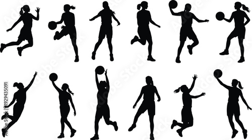 Female basketball player silhouettes, dynamic sports poses, athletic women dribbling shooting passing, black action icons, basketball motion illustration collection