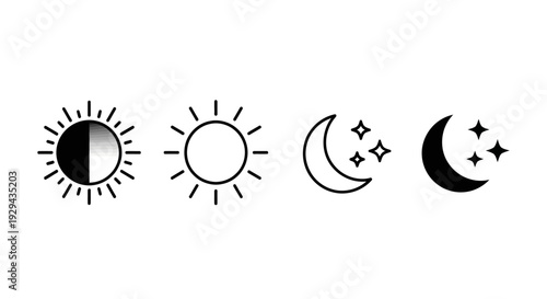 Set of celestial body illustrations featuring sun and moon phases in minimalist black line art style