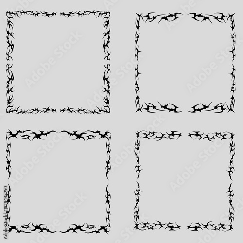 Neo tribal square frame set featuring cyber sigilism elements and sharp spiked gothic Y2K shapes. High-quality vector illustration.