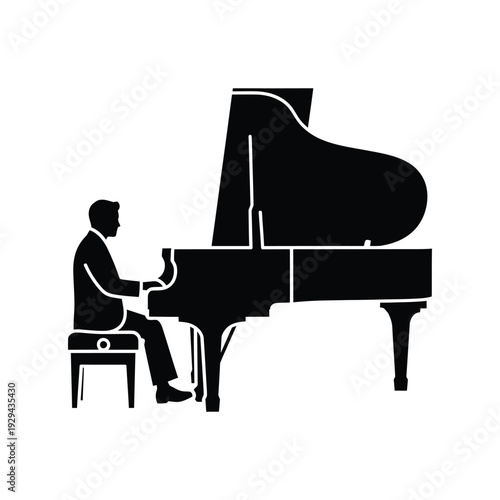 Pianist playing grand piano silhouette vector illustration for classical music performance and professional concert arts