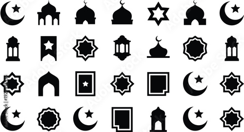 Islamic cultural icons set, mosque domes minarets, crescent moon star symbols, geometric patterns archways, Ramadan Eid religious design illustration collection