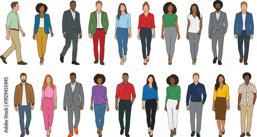 Diverse Business People Walking Collection Illustration Featuring Multicultural Men and Women in Modern Casual and Professional Outfits Isolated on Background