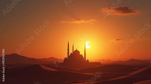 Desert Mosque Silhouette at Golden Sunset