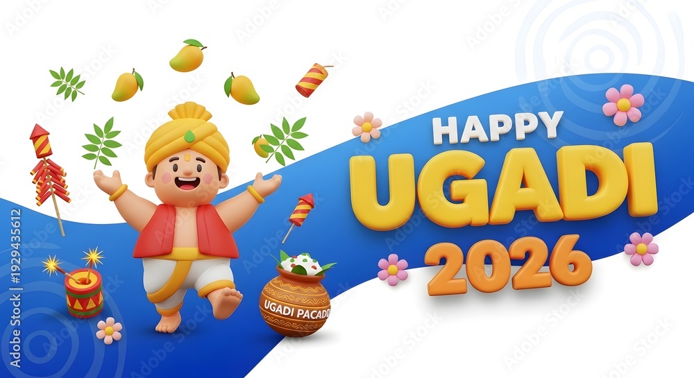 Obraz premium Happy ugadi 2026 celebration with cartoon character and festive elements