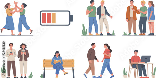 Social interaction, digital lifestyle, energy levels, teamwork, communication, reading, technology, productivity, leisure, modern people activities, battery metaphor illustration