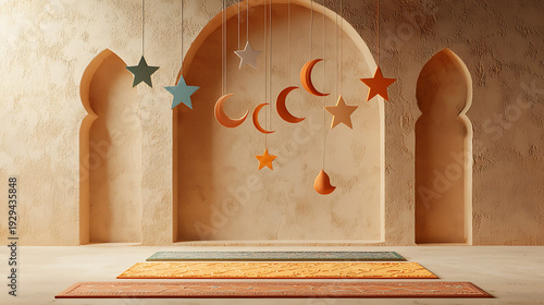 Serene Prayer Area with Prayer Mat and Celestial Decorations in a Tranquil Archway Setting