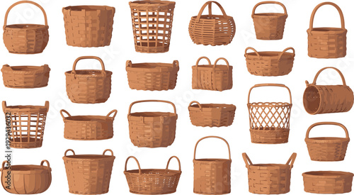 Traditional woven baskets collection, wicker rattan craftsmanship, handmade basket designs, cultural weaving patterns, natural material storage containers illustration set