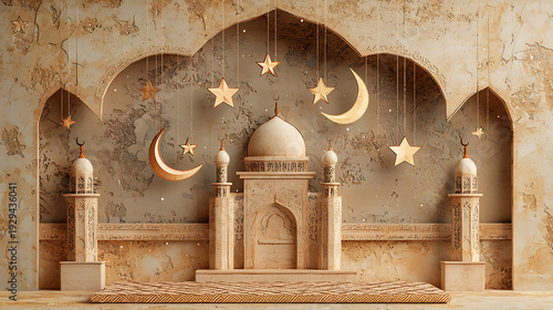 A serene mosque scene with arches, dome, and celestial elements in a beige colored architectural setting viewed from the front