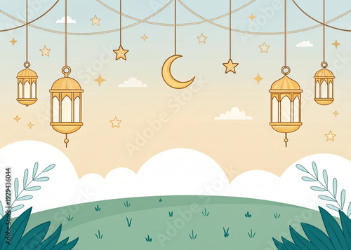 Festive Islamic Night Sky with Lanterns and Crescent Moon