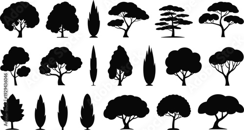 Tree silhouette collection, diverse foliage shapes, botanical illustration set, landscape design elements, natural forest canopy structures, decorative black tree icons