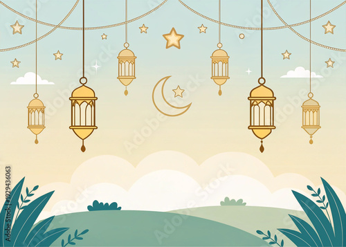 Festive Islamic Night Sky with Lanterns and Crescent Moon
