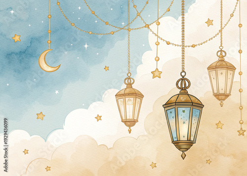 Festive Islamic Night Sky with Lanterns and Crescent Moon