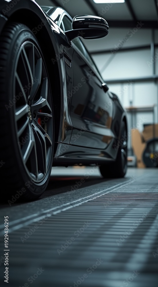 Fototapeta premium Car parked in a garage with a lot of tools
