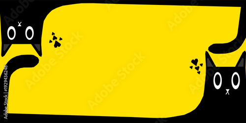 Black cat. Long half body with tail. Funny sad face head silhouette. Square kitten. Meow. Cute cartoon kawaii baby character. Kawaii animal. Pet collection. Flat design. Yellow background. Vector