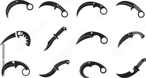 Set of karambit knife silhouettes isolated on white background, curved tactical claw blades collection, combat and hunting weapons vector illustration for security and survival themes