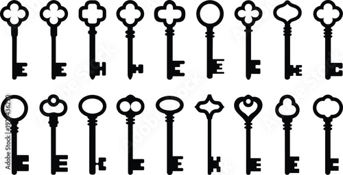 Vintage key silhouettes collection, ornate bow designs, antique skeleton keys, decorative heart clover shapes, historical artifacts illustration set