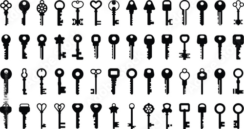Vintage keys, modern keys, silhouette collection, security concept, locksmith design, antique style, minimal shapes, decorative keys, black icons illustration