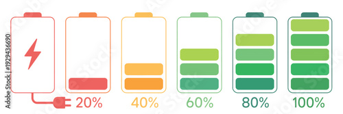 Battery charge flat icons set, many color battery charging indicators, vector battery power icon collection showing charge levels for app, UI, technology, and digital design projects.