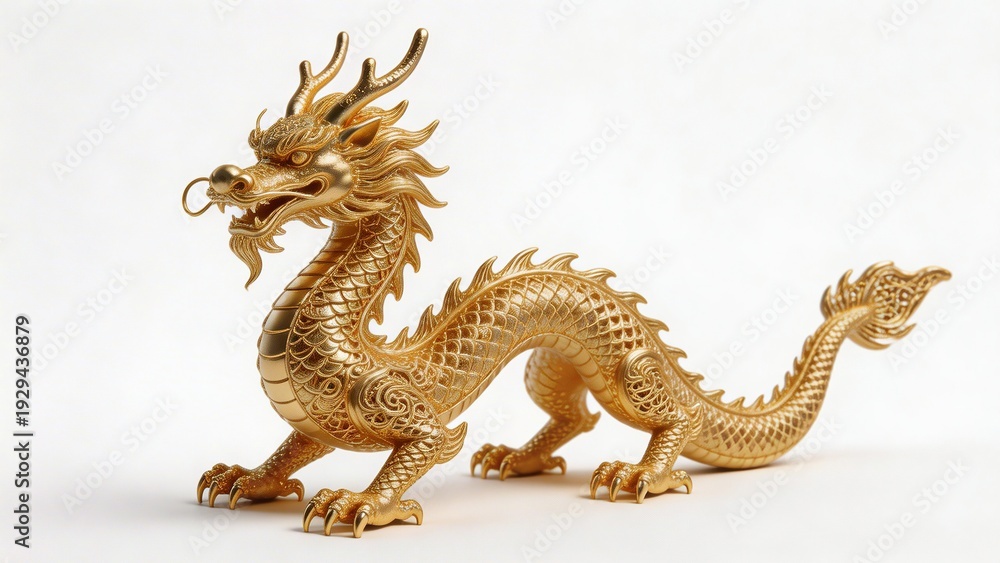 Fototapeta premium a full-body golden Chinese dragon decorative sculpture, ultra-detailed gold filigree, isolated on a pure white background, clean stock style lighting 