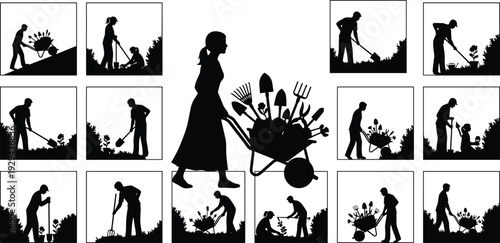 Gardening Activities Silhouettes Collection Illustration Featuring People Planting, Digging and Caring for Garden Representing Outdoor Work and Sustainable Lifestyle Concept