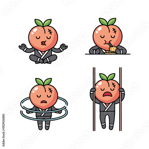 Sad peach character practicing yoga in various poses with injuries