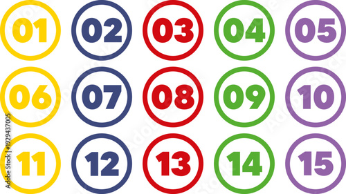 Numbered flat vector icons set with colorful circles for design projects and elements