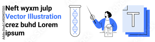 Education, science, genetic research, biology study, data presentation, professional learning. A scientist pointing to a paper, next to a DNA helix in a test tube. Science and education
