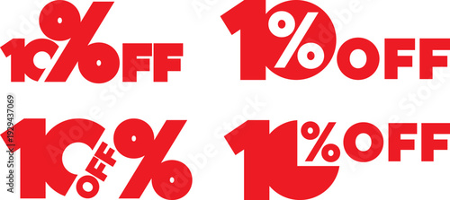 Bold red sale labels show various designs of OFF signs in different typography styles