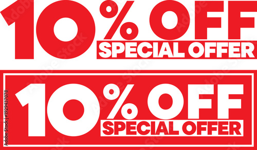 Red banners displaying 10 percent off special offer in bold typography and sticker style