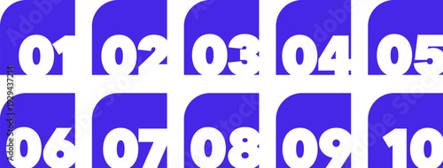 Set of rounded corner icons showing numbers from one to ten on solid blue background