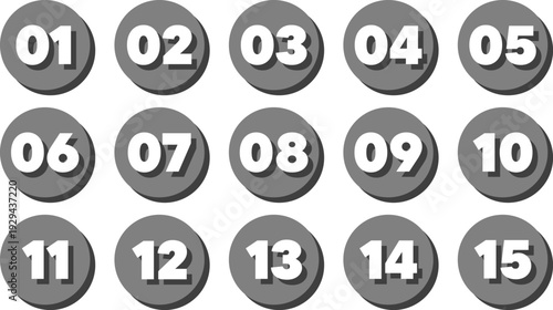 Gray circle icons with numbers set in flat style for design and presentation use on white background