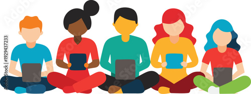  Men woman teenagers and children sitting group silhouettes of students with smart phone  different colors cartoon character flat icon