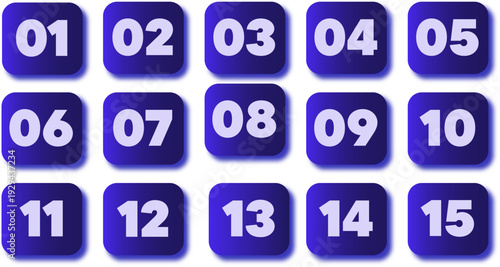 Set of blue square icons with numbers in gradient style on white background