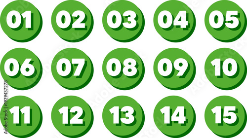 Set of green circle icons with numbers in flat style on white background for design use